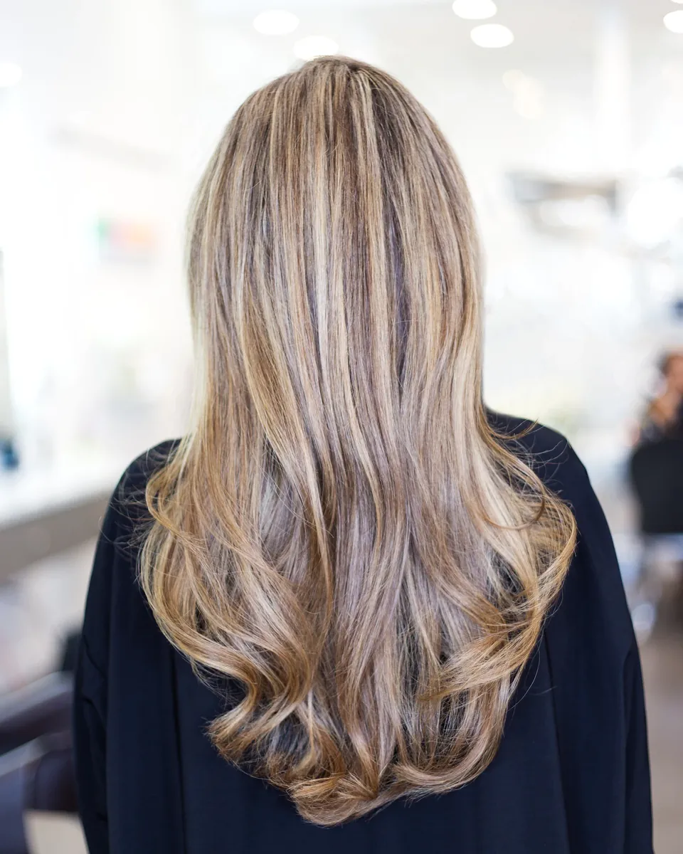 Balayage blond ondulé vu de dos, dans le salon, photo envoyée à la cliente